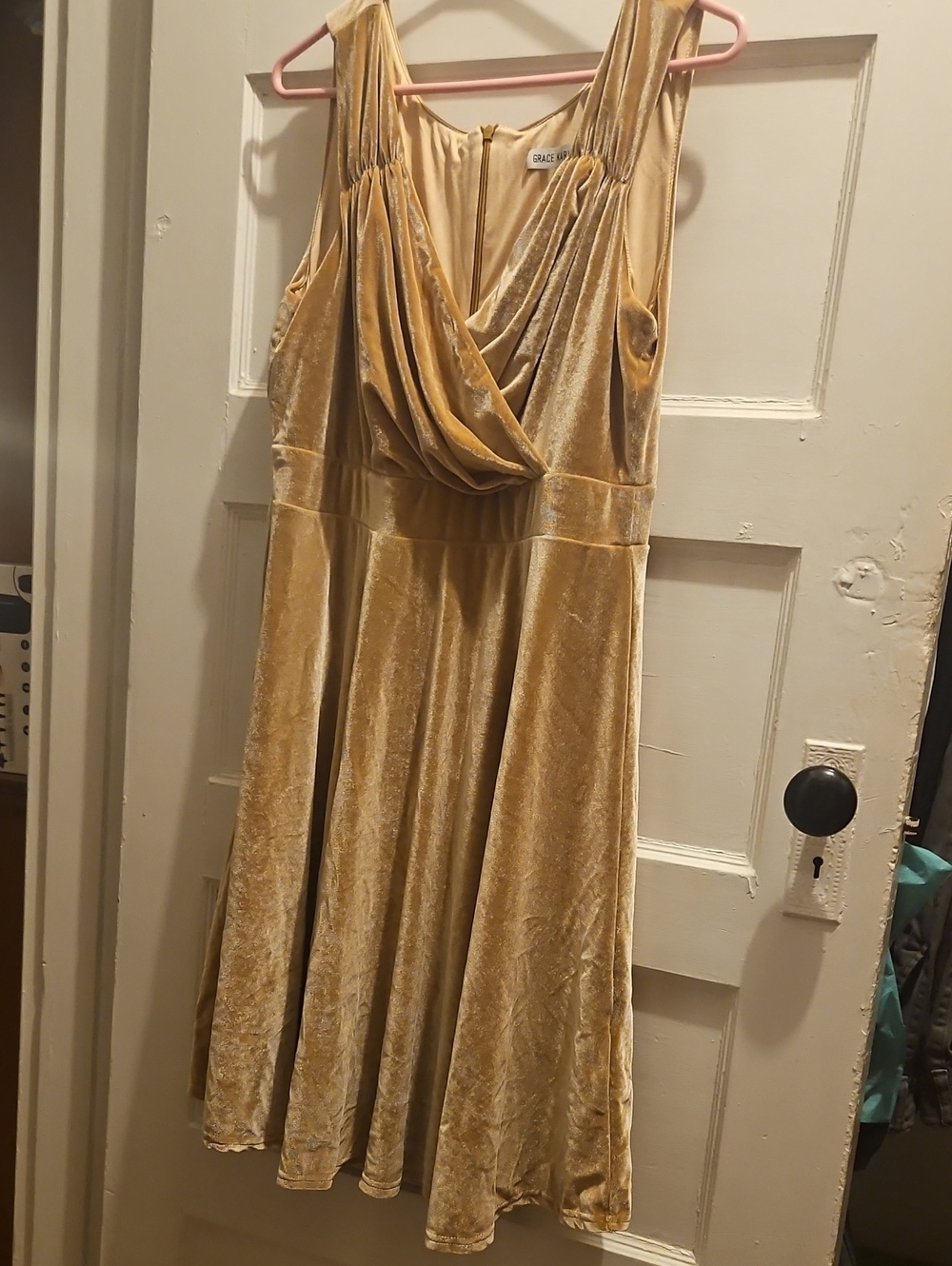 Grace Karin Velvet Sleeveless V-Neck Flared Party Dress Gold XL
